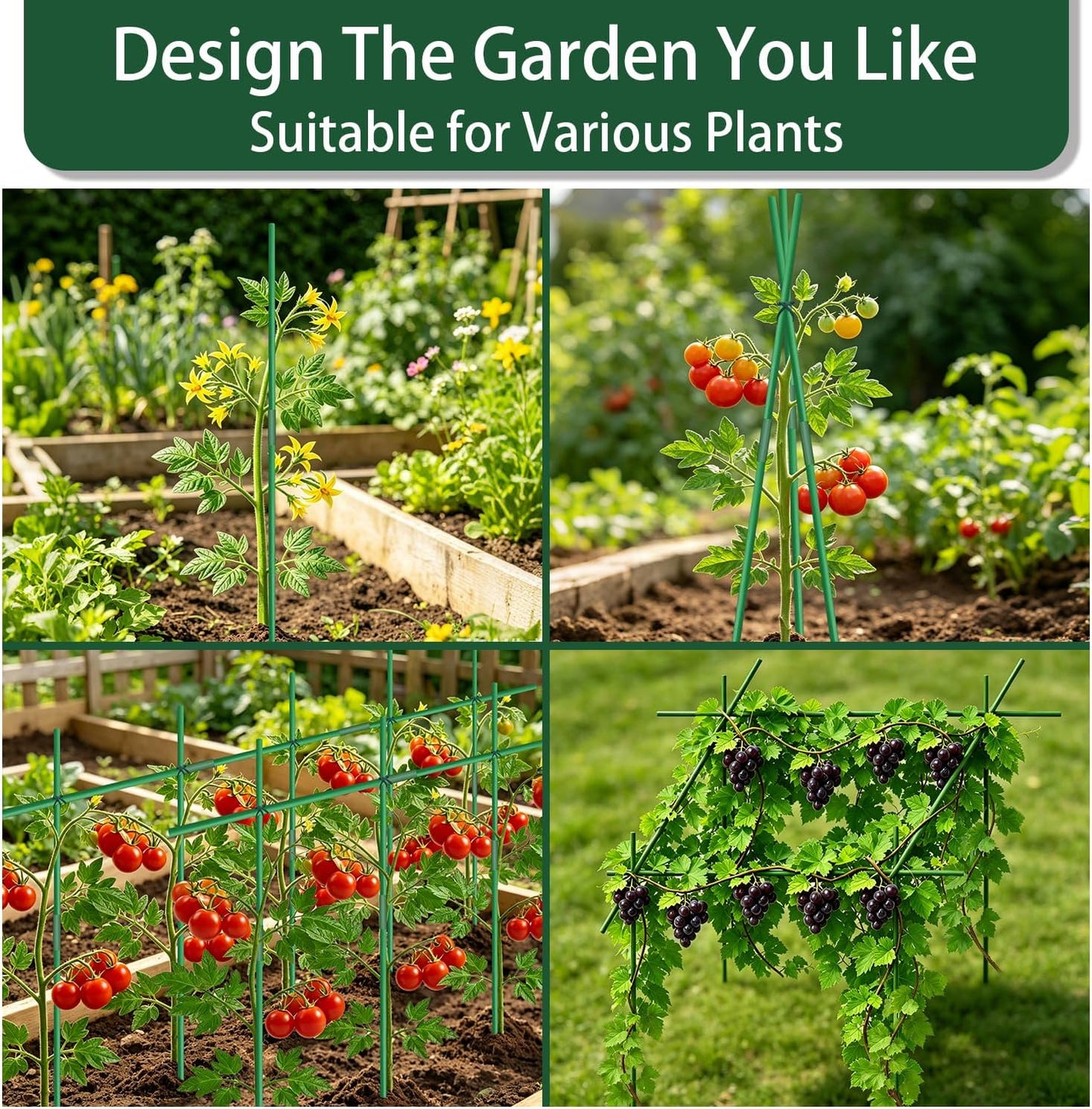 Garden Stakes 17Inch 20Pcs HOUNANG, DIY 4ft 5ft 6ft 7ft 8ft Fiberglass Plant Support Stakes for Gardening, with 14Connectors 50Ties for Indoor Outdoor Plants, Tomato, Vegetables, Potted Plants