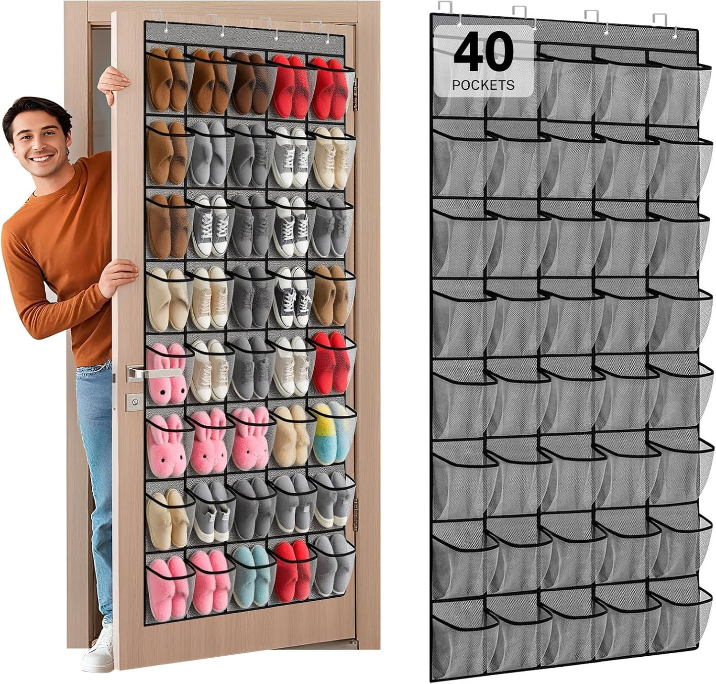 40 Large Mesh Pocket Over the Door Shoe Organizer,Hanging Shoe Rack for Door,Hualleko Shoes Organizer Hanger with Large Capacity, Shoes Storage Holder Sturdy Non-woven Fabric - Stores 20 Pairs (White)