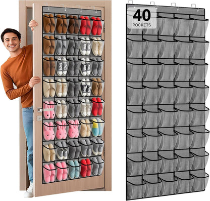 40 Large Mesh Pocket Over the Door Shoe Organizer,Hanging Shoe Rack for Door,Hualleko Shoes Organizer Hanger with Large Capacity, Shoes Storage Holder Sturdy Non-woven Fabric - Stores 20 Pairs (White)