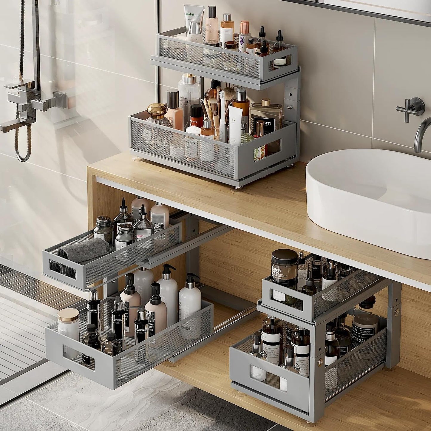 2 Pack Under Sink Organizer with Next-Gen Ball-Bearing Slides,2-Tier Pull Out Cabinet Storage,Height Adjustable Drawer Shelf for Bathroom,Kitchen,Laundry,Cabinet,Pantry(Patent Pending)