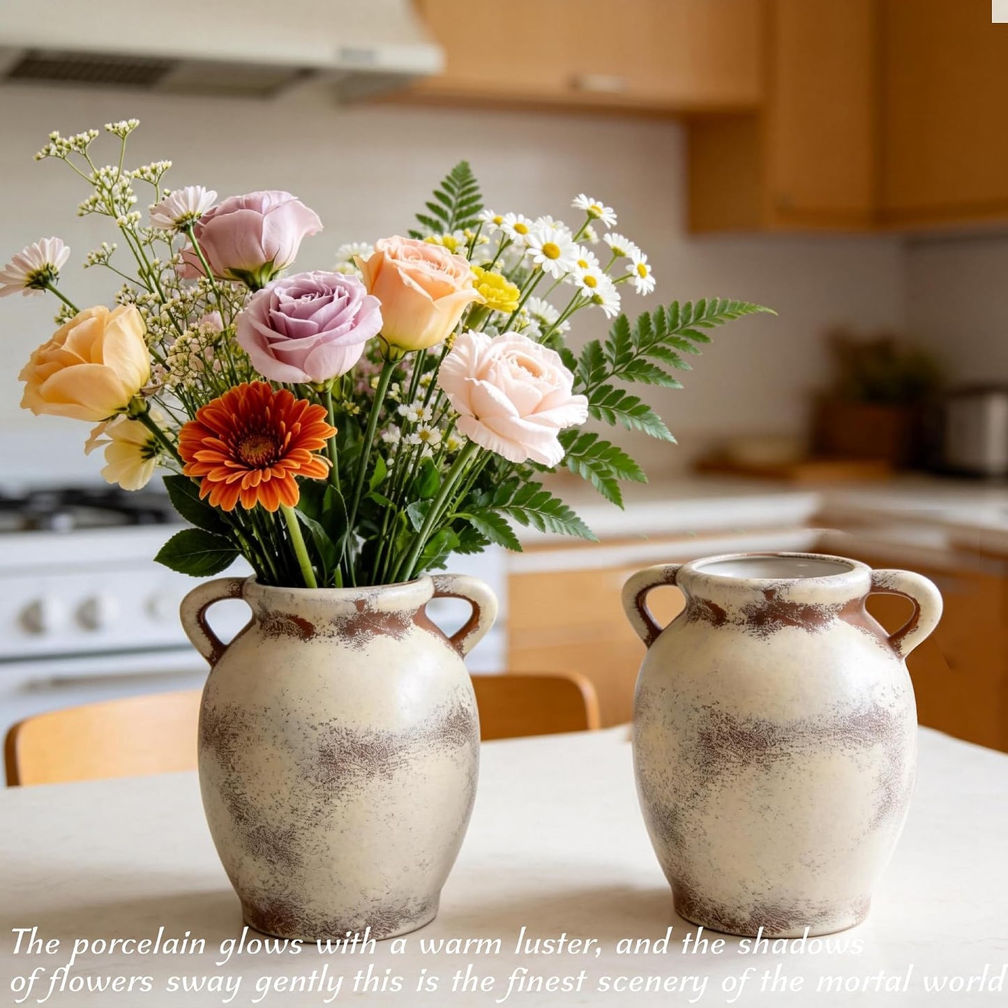 Ceramic Vase Set of 2, 7.1" Handcrafted Rustic Flower Vases for Modern Home Decor, Boho Farmhouse Decorative Vases for Living Room, Table, Shelf, Ideal Gift for Mother's Day, Birthday, Housewarming