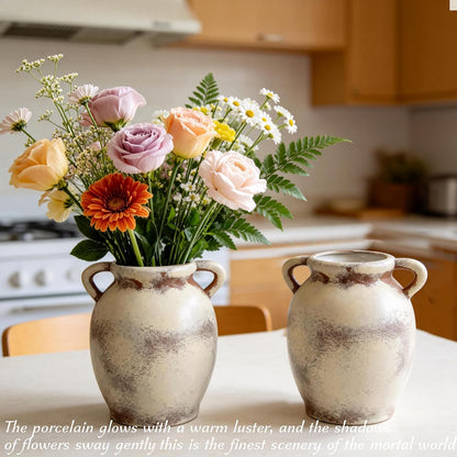 Ceramic Vase Set of 2, 7.1" Handcrafted Rustic Flower Vases for Modern Home Decor, Boho Farmhouse Decorative Vases for Living Room, Table, Shelf, Ideal Gift for Mother's Day, Birthday, Housewarming
