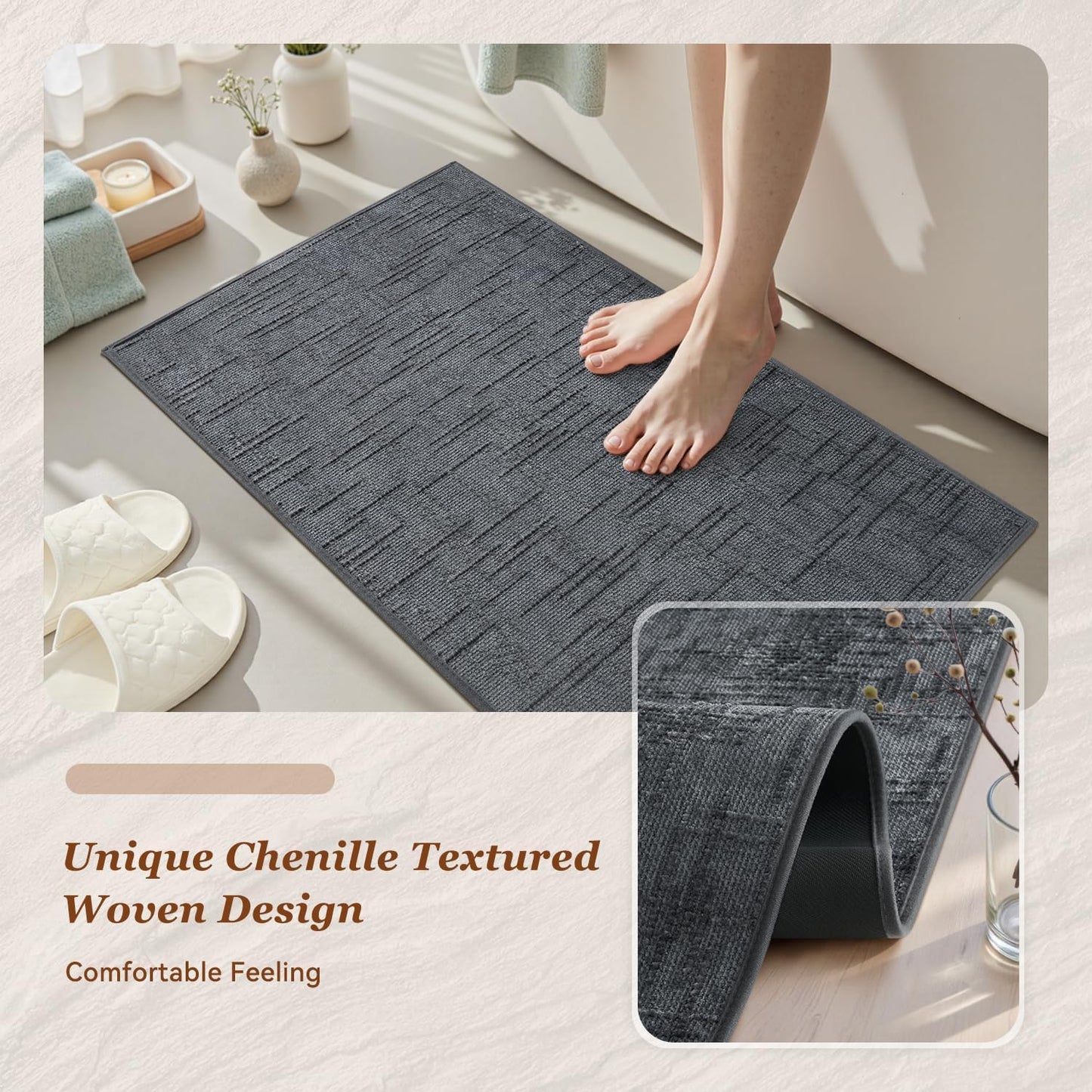 AMOAMI Bath Mat Non Slip Super Absorbent Quick Dry Bath Mats for Bathroom Floor Rubber Backing Washable Bathroom Rugs Modern Woven Jacquard Mat, Beside Tub Bath Rugs, 17" x 24", LightGrey