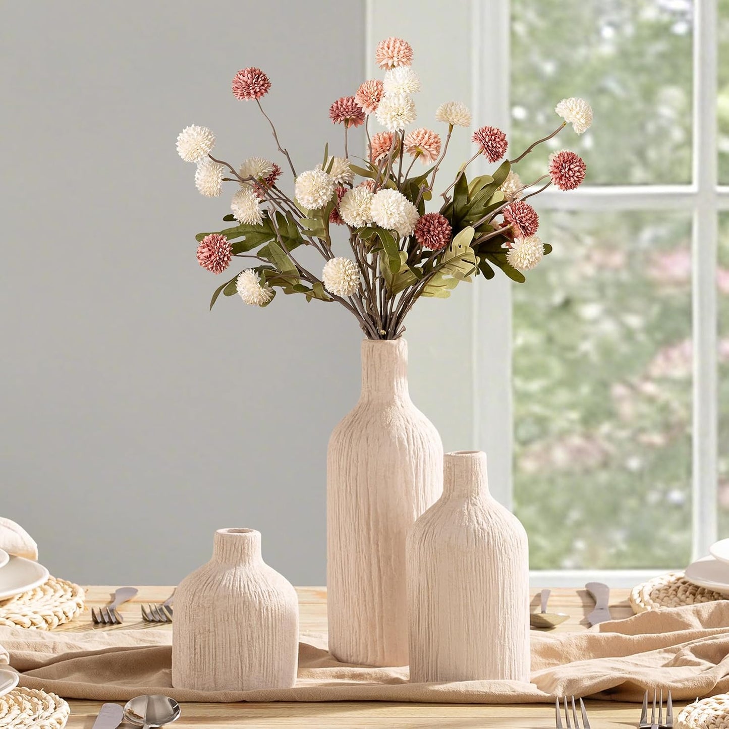 Ceramic Vase Home Table Decor - Flower Vase Set of 3 Living Room Kitchen Decorations Farmhouse Modern Rustic Vases Decorative Centerpiece for Shelf Bedroom Office Bathroom Dining Coffee Desk
