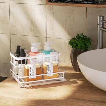 HapiRm Kitchen Sink Organizer, SUS304 Stainless Steel Rustproof Multifunctional Large Sink Caddy with Sponge Holder and Drain Tray for Kitchen Countertop (Silver)