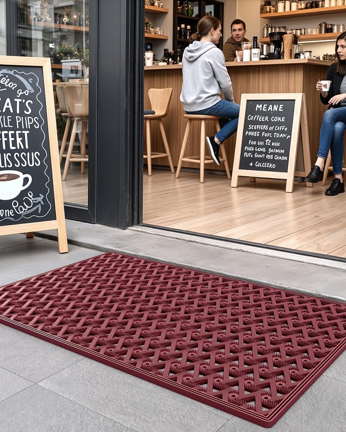 DEXI Front Door Mat Outside Entrance Rubber 19x30, Welcome Floor Doormat Heavy Duty Non Slip, Dirt Trapper Waterproof Exterior Entry Mats All Weather for Patio Entryway Drainage, Black