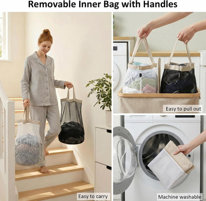 efluky Laundry Hamper with Lid, Trio Laundry Basket with 2 Removable Bags, 3 Section Laundry Bin with Bamboo Handles for Bathroom, Bedroom & Laundry Room, 160L (42.3 Gallon) Beige