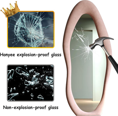 Honyee Full Length Mirror, 63" x 24" Wall Mirror, Flannel Wrapped Wooden Frame Floor Mirror, Irregular Wavy Mirror Hanging or Leaning Against Wall for Cloakroom/Bedroom/Living Room, Milk Tea