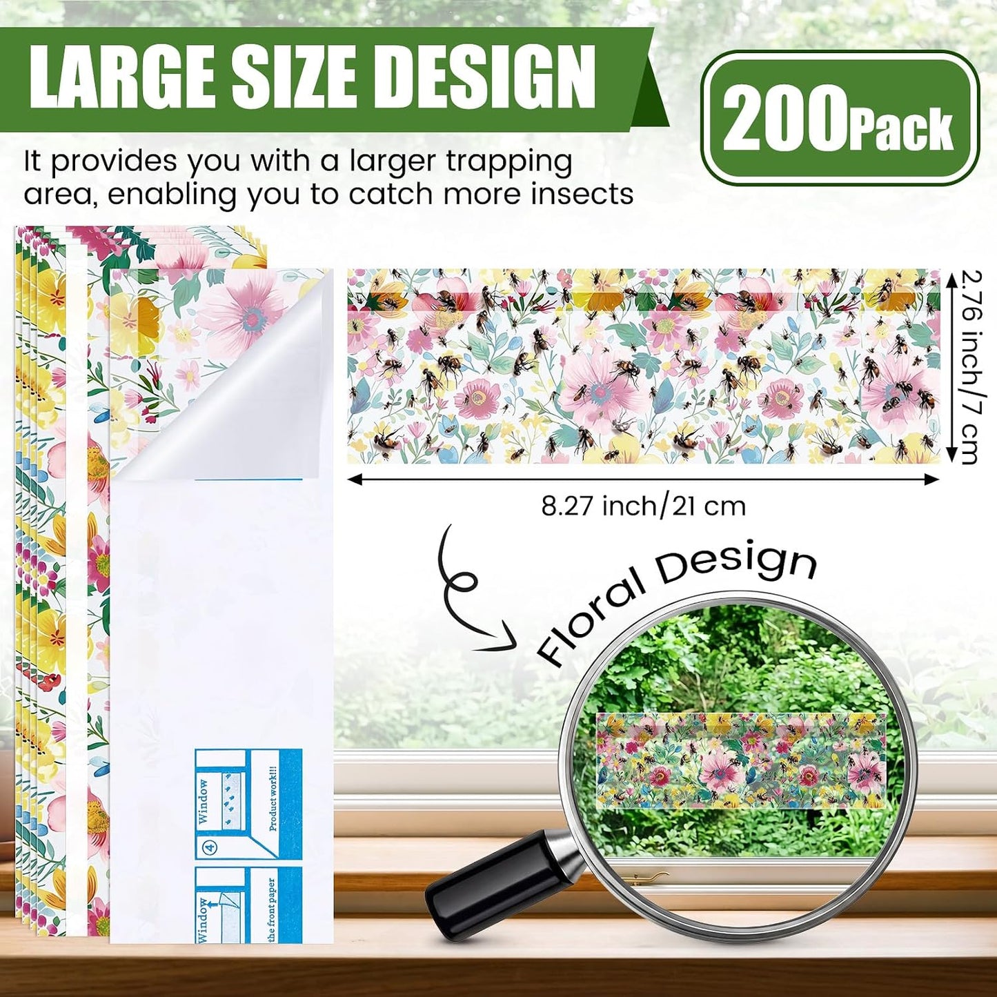 200 Pack Window Fly Traps Floral Sticky Fly Paper Indoor Clear Flies Strips Bulk Bug Catcher Waterproof Fruit Housefly Gnat Trap for Home, Kitchen, Garage