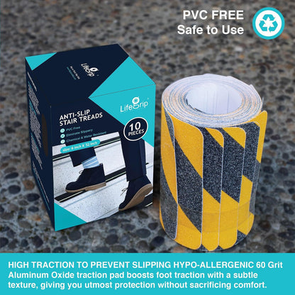 LifeGrip Anti Slip Traction Treads 10 Pack, 6"x32" with Glow in Dark Stripe, Best Grip Tape Grit Non Slip, Outdoor Non Skid Tape, High Traction Friction Abrasive Adhesive for Stairs Step