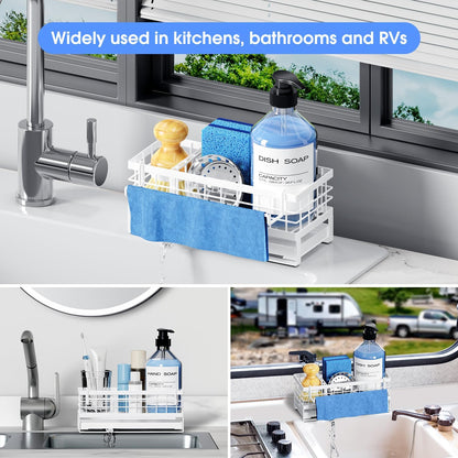 Kitchen Sink Sponge Holder, Rustproof Non-Slip Self-Draining Metal Sink Caddy with Detachable Dish Cloth Holder (Black)