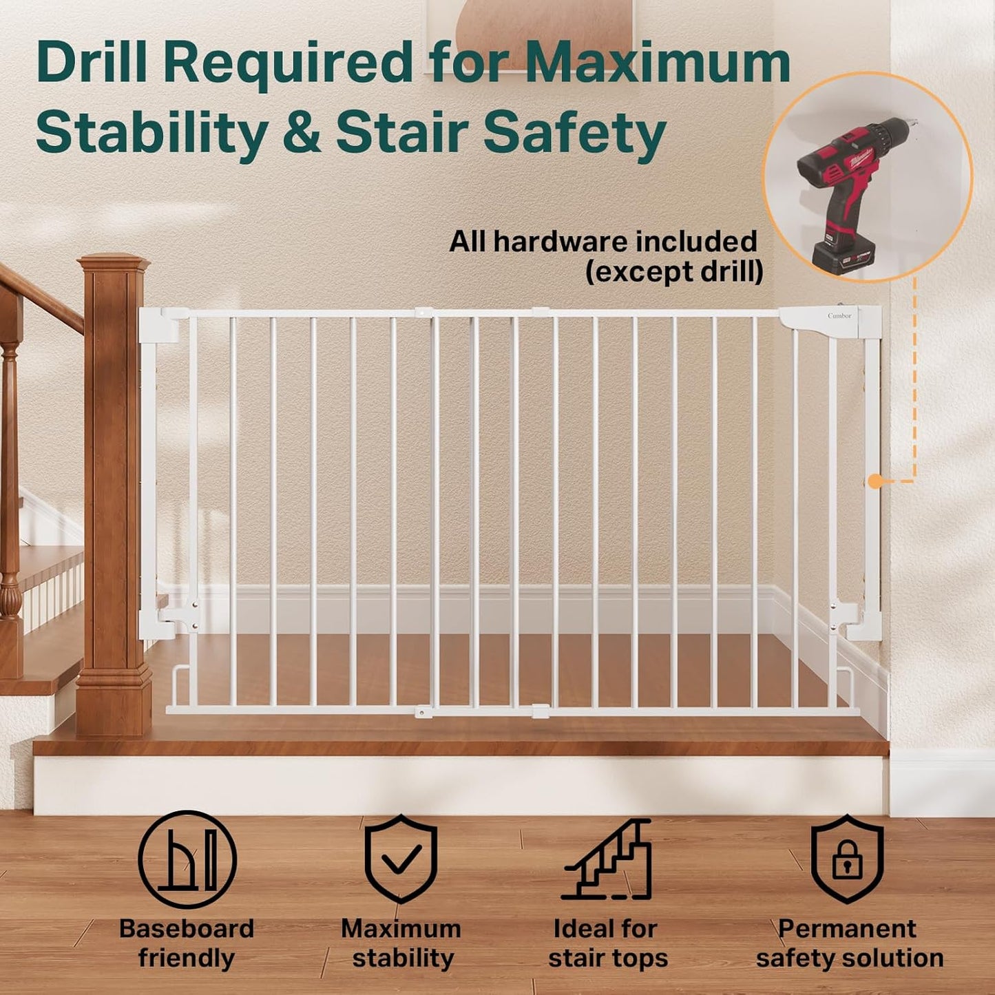 Cumbor 29.2–43" Baby Gate for Stairs, Hardware Mounted (Drill Required), Expandable No Bottom Bar Dog Gate, Auto Close Extra Wide Walk Thru, Pet & Toddler Proof Gate, Top & Bottom of Stairways (White)