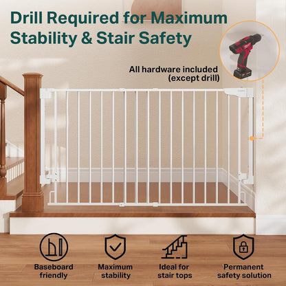 Cumbor 29.2–43" Baby Gate for Stairs, Hardware Mounted (Drill Required), Expandable No Bottom Bar Dog Gate, Auto Close Extra Wide Walk Thru, Pet & Toddler Proof Gate, Top & Bottom of Stairways (White)