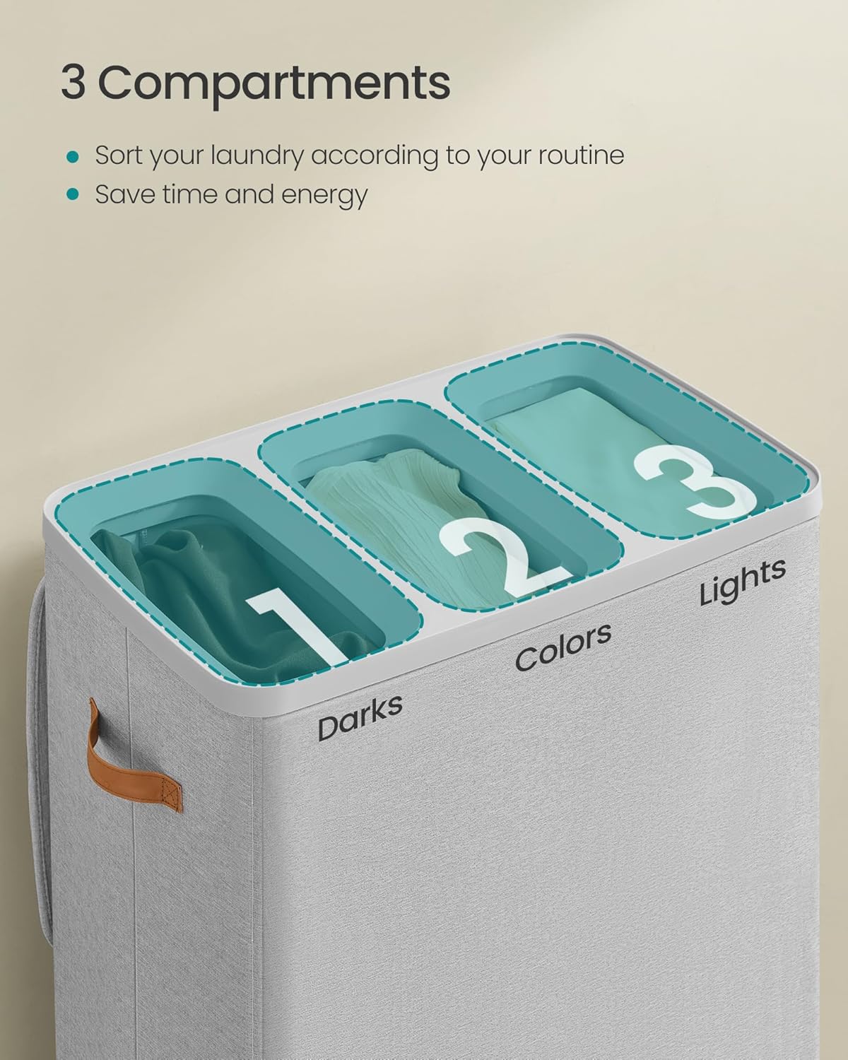 SONGMICS Laundry Basket, 50.2 Gal. Laundry Hamper, 3 Compartments, Easy Assembly, with Lid and Handles, Removable Liners, 25.2 x 15.7 x 29.5 Inches, Cappuccino Beige ULCB814LH01