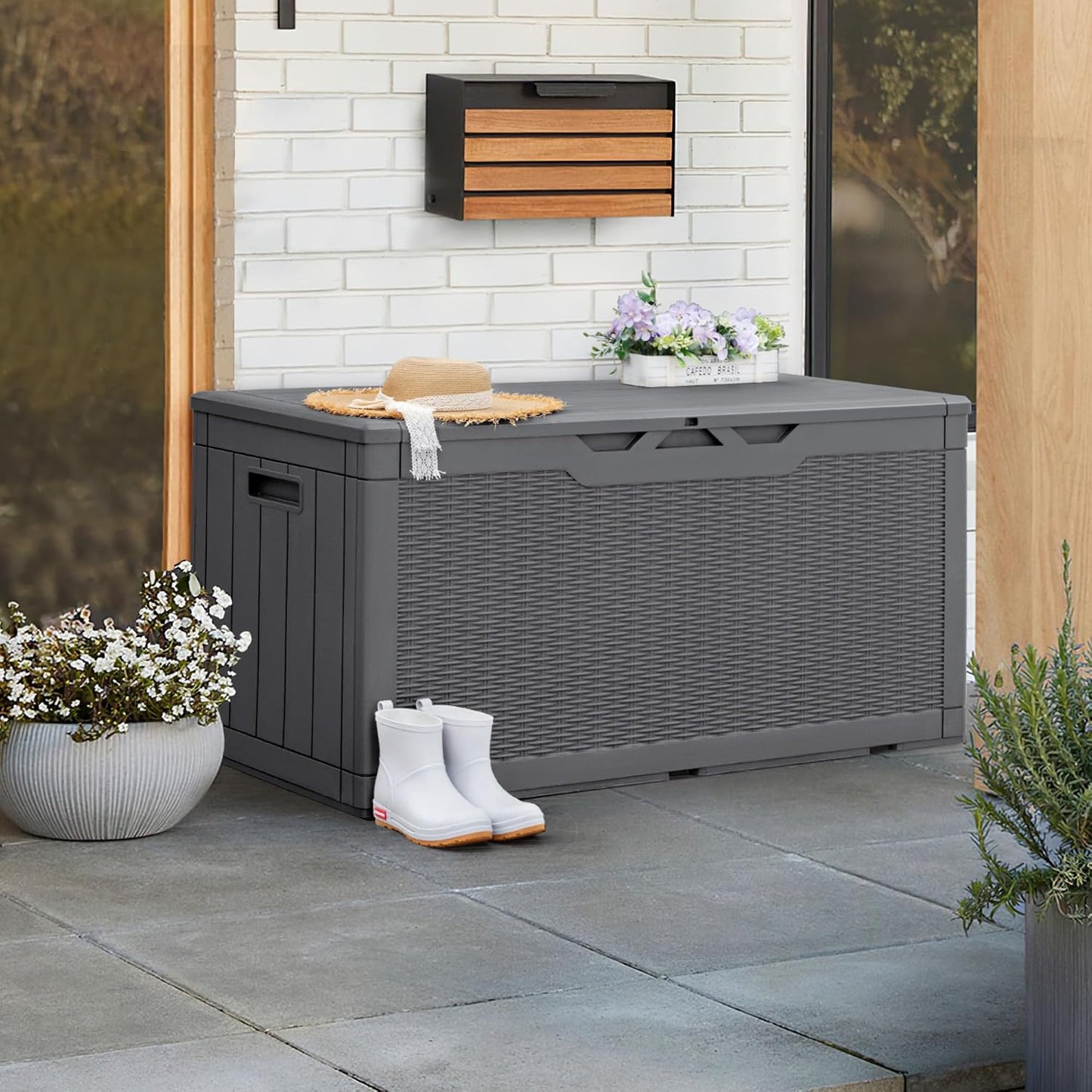 Greesum 110 Gallon Outdoor Storage Box with Lockable Lid, All-Weather for Patio Furniture, Pool Supplies & Garden Tools, Waterproof, UV-Resistant Large Deck Box, Dark Black