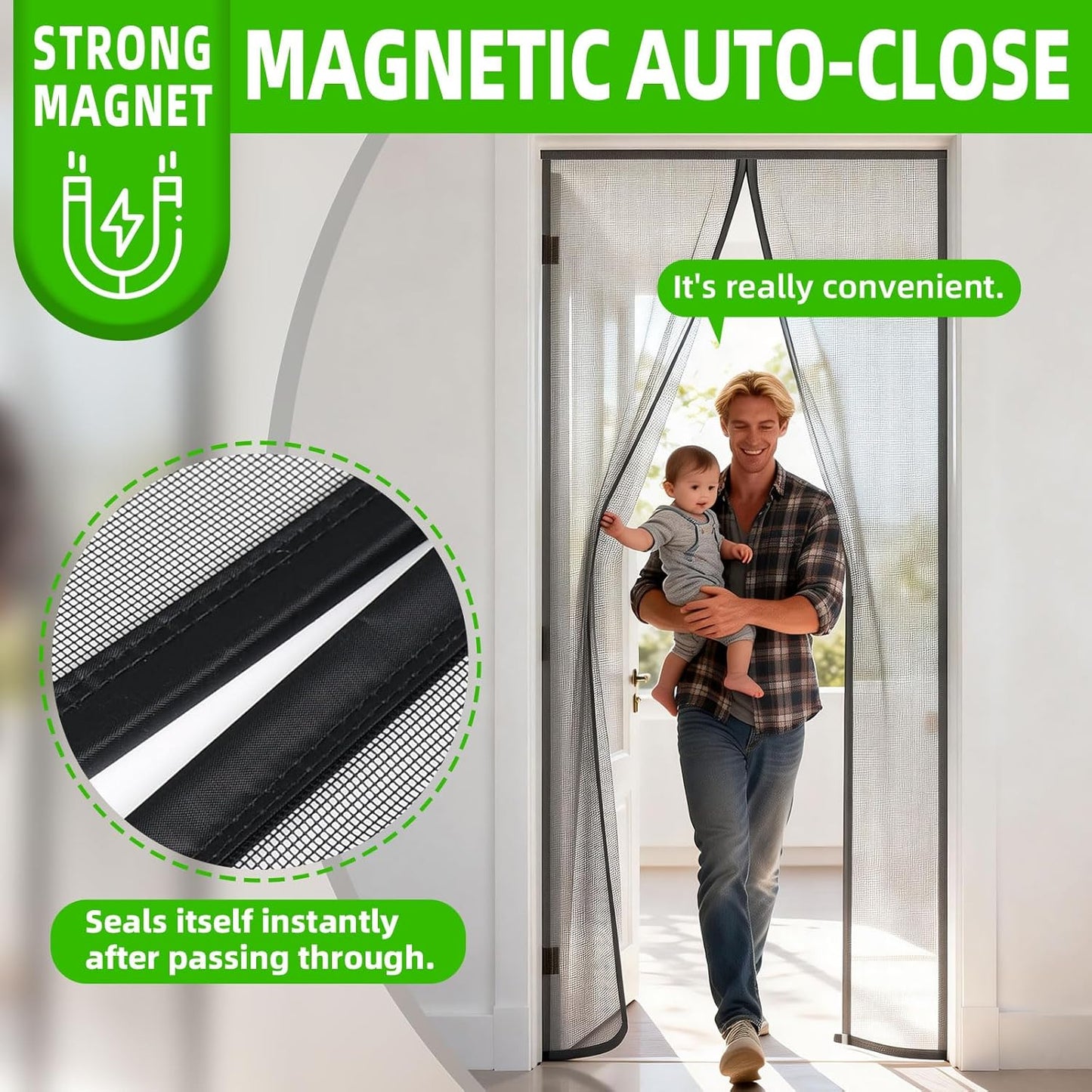 Magnetic Screen Door - 38"x83" Heavy Duty Mesh for Entry Front Back Patio Sliding Door, Self Sealing Hands Free, Bug Proof, Windproof Clips, No Drill Easy Install, Pet & Child Friendly, Black