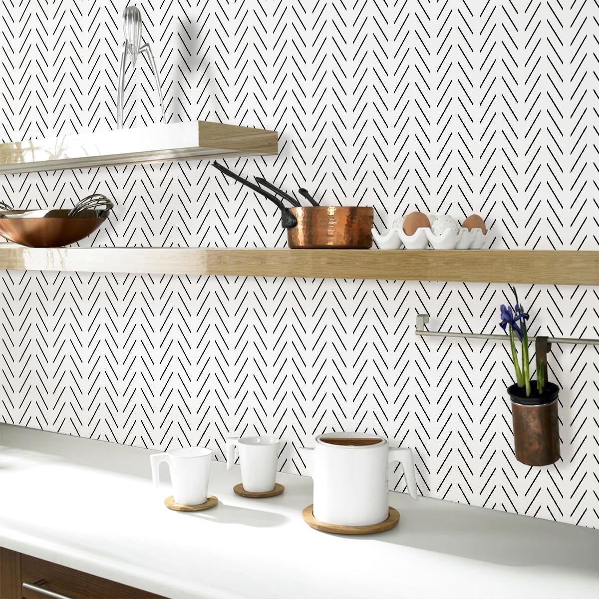 Erfoni Black and White Peel and Stick Wallpaper Modern Herringbone Contact Paper Bathroom 17.7inch x 118.1inch Geometric Removable Wallpaper Peel and Stick Self Adhesive Contact Paper for Accent Wall