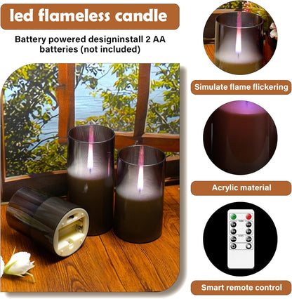 kakoya Flameless Candles Upgraded Realistic Flickering Flame,Battery Operated LED Candles with Remote Timers,Acrylic Electric Candles Set of 3(D 3" xH 4" 5" 6")（Grey）