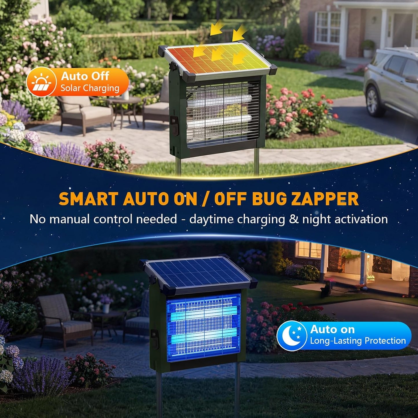 Solar Bug Zapper Outdoor, 4500V Solar Mosquito Zapper for Outdoor & Indoor, 1/2 Acre Coverage Cordless Rechargeable Electric Fly Zapper, IPX5 Waterproof Mosquito Traps for Backyard, Patio, Camping