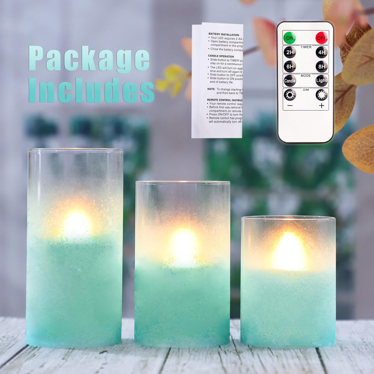 Glass Flameless Candles Flickering Battery Operated LED Pillar Candles Set of 3 with Timer and and 10-Key Remote Green Branch Floral Spring Summer Theme for Wedding Festival Home Decoration