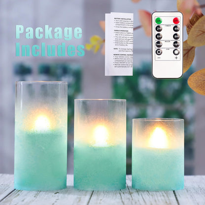 Glass Flameless Candles Flickering Battery Operated LED Pillar Candles Set of 3 with Timer and and 10-Key Remote Green Branch Floral Spring Summer Theme for Wedding Festival Home Decoration