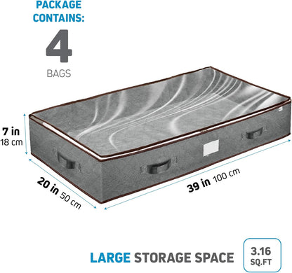 Under Bed Storage Bins - 90L Pack Of 4 Under The Bed Storage Containers For Clothes, Blankets, Winter Clothing, & Shoes - Underbed Storage Containers With Handles, Dual Zippers, & Clear Top