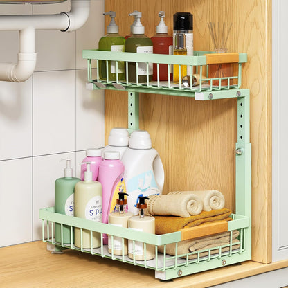 PXRACK Under Sink Organizer, Adjustable Height, 2 Tier Pull Out Under Cabinet Organizer, Slide Out Thickened Metal Under Sink Storage for Kitchen Bathroom Laundry Pantry Cabinet, White, Large-1-Pack