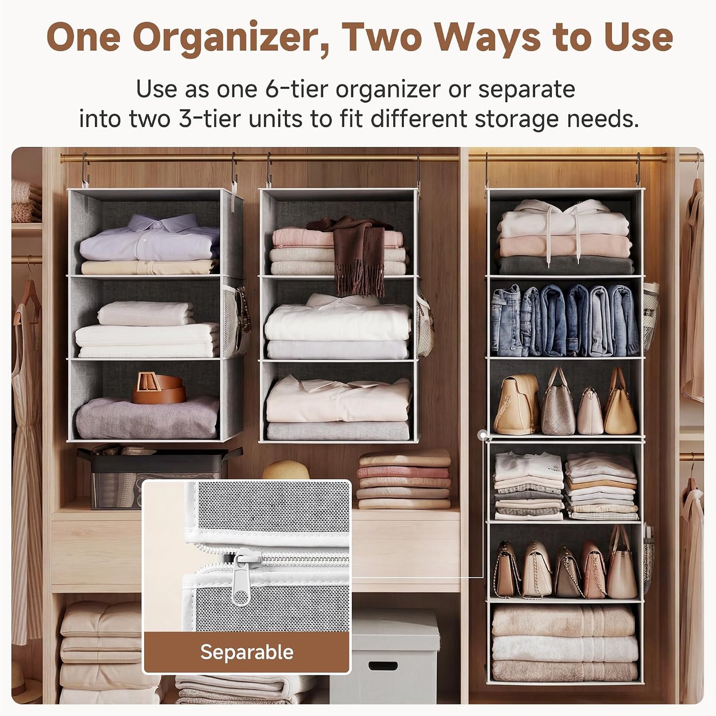 StorageWorks 6-Shelf Closet Organizers, Two 3-Shelf Separable Hanging Shelves for Closet, 12 1⁄2" D x 12 1⁄2" W x 47 ¼" H, Mixing of Beige, White & Ivory