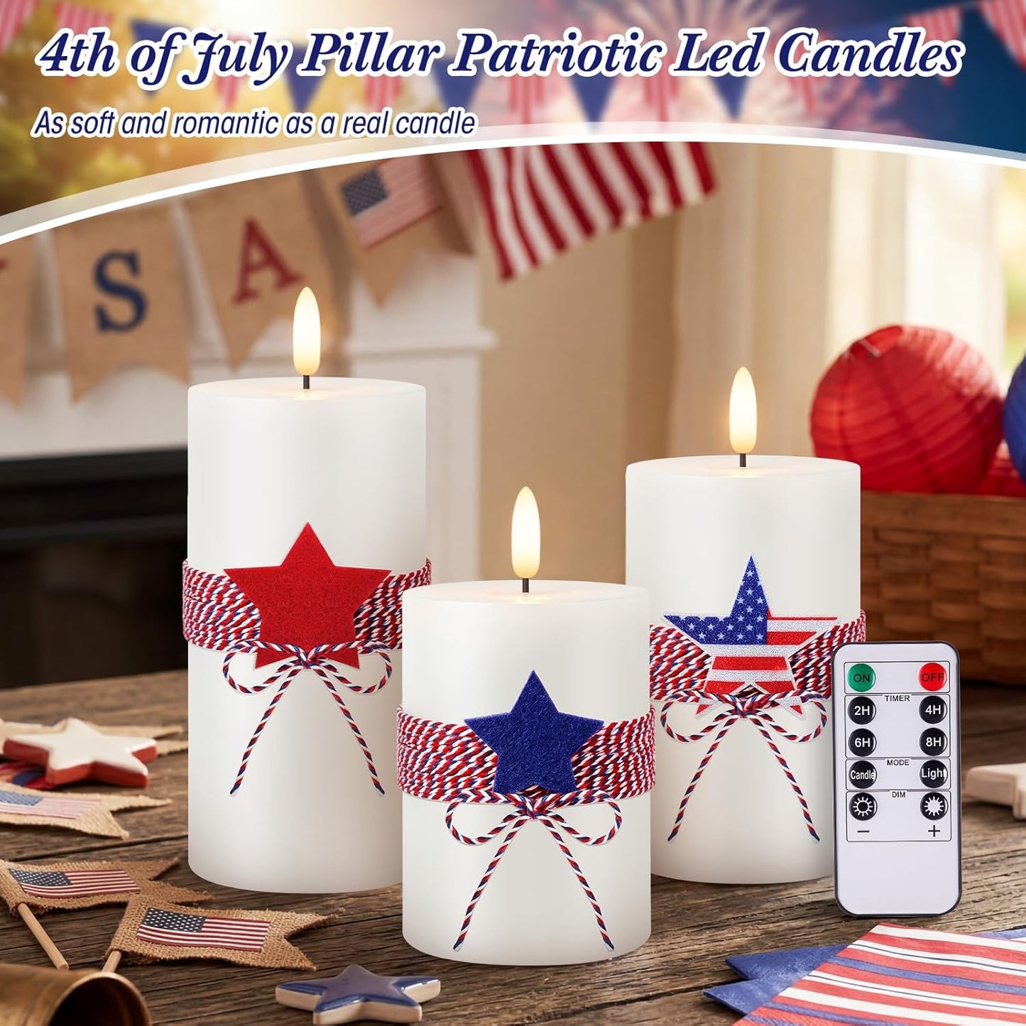 4th of July 4" 5" 6" Flameless Pillar Candles with Remote, Set of 3 Patriotic Red White Blue Battery Operated LED Candle with Star Felt, Independence Day Decorations for Home Party Table Fireplace