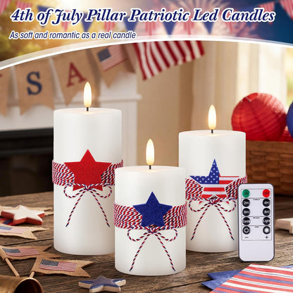 4th of July 4" 5" 6" Flameless Pillar Candles with Remote, Set of 3 Patriotic Red White Blue Battery Operated LED Candle with Star Felt, Independence Day Decorations for Home Party Table Fireplace