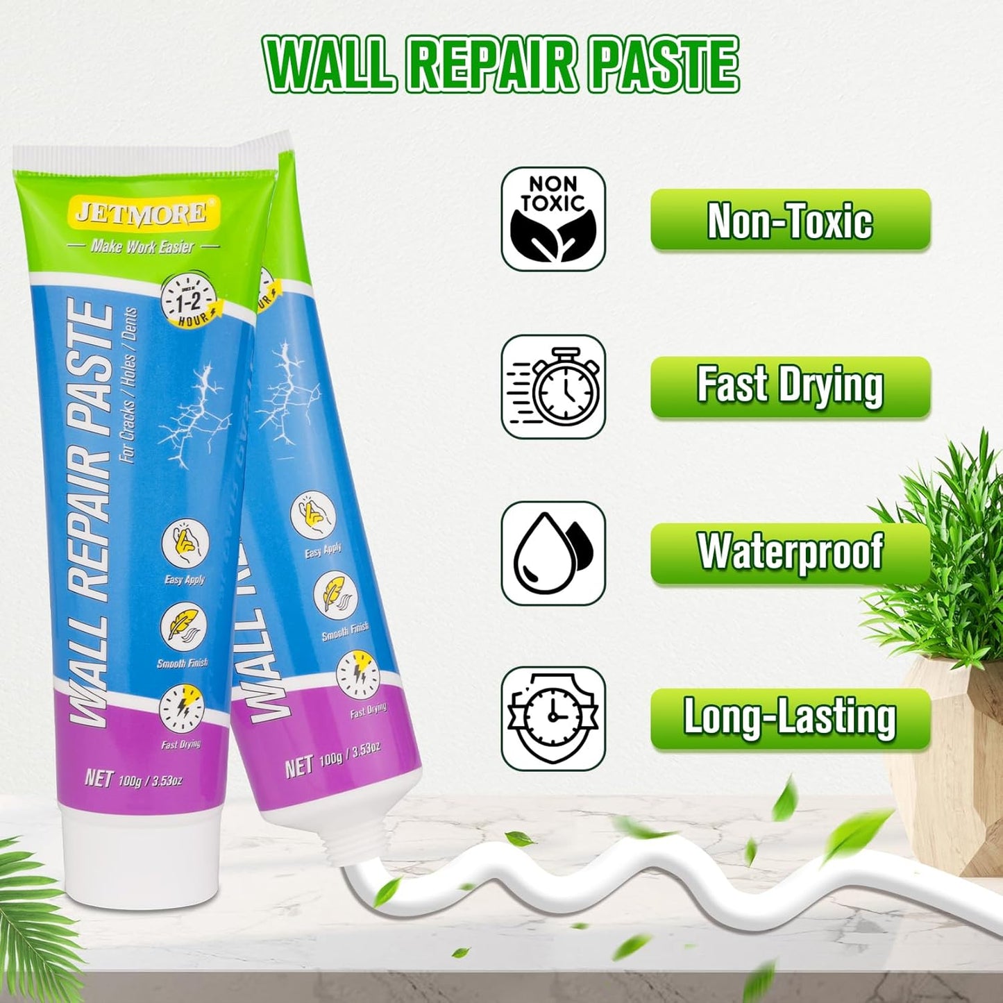 Jetmore 12 Pcs Drywall Repair Kit, 3 × 3.5 oz (100g Each) Spackle, Wall Repair Paste, Wall Putty, Wall Hole Filler with Putty Knife & Sanding Pad for Nail Holes, Cracks, Dents, Wall Mending Agent