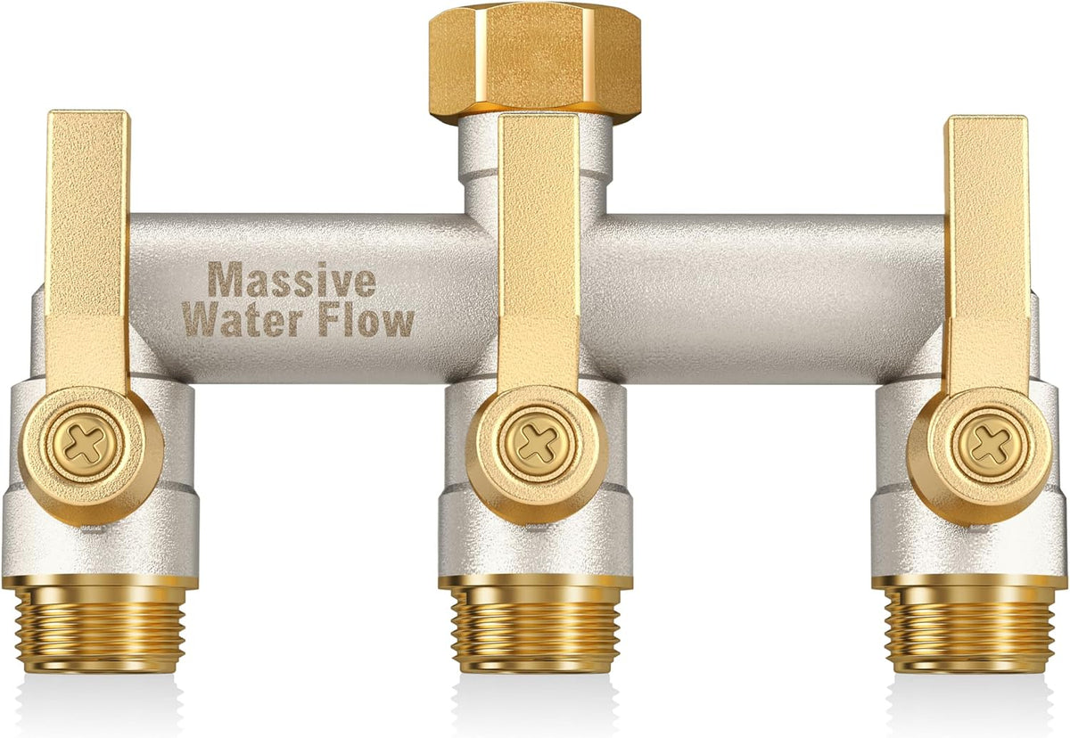 Hose Splitter 2 Way Heavy Duty, Solid Brass Full Flow Outdoor Faucet and Garden Hose Splitters, Water Spigot Splitter T Adapter, All Metal Water Connector with Shut-Off Valve, 3/4 - Inch GHT Thread
