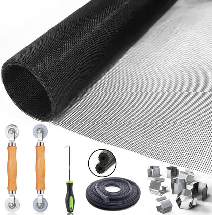 King&Charles Window Screen Door Repair/Replacement Kit, Include Black Screen Mesh 48"x118"+ 2 Roller+50Ft Spline+8Clips+Hook, 6 in 1 Window Mesh Kit, Steel/Nylon Bearing Roller