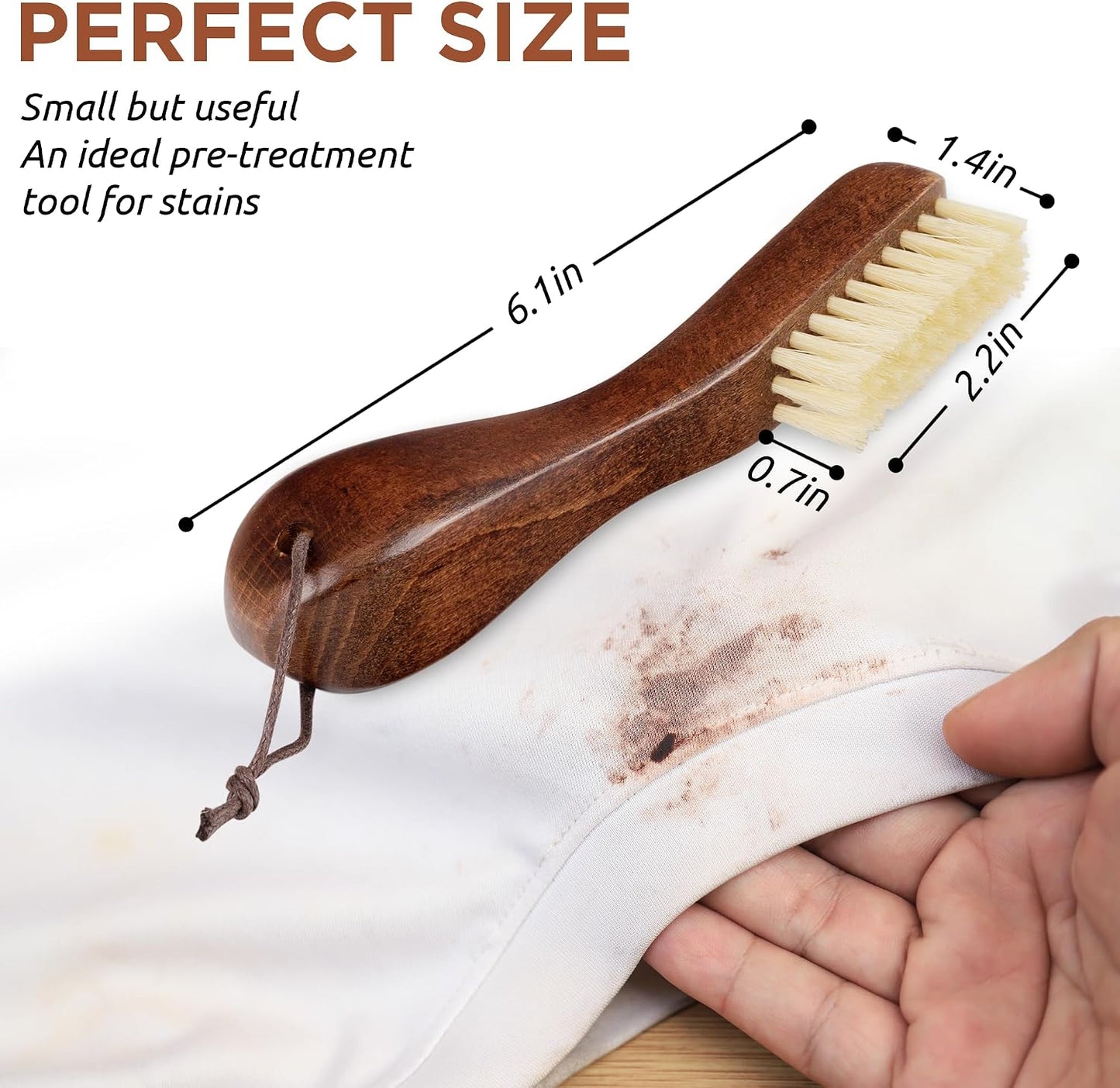 TAKAVU Laundry Stain Brush, Natural Black Boar Bristle, Safe on Delicates | Clothes Cleaning Scrubber, Stain Remover for Shirts, Collars, Cuffs & Shoes, Curved Beech Wood Handle with Hanging Loop