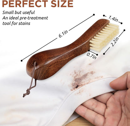 TAKAVU Laundry Stain Brush, Natural Black Boar Bristle, Safe on Delicates | Clothes Cleaning Scrubber, Stain Remover for Shirts, Collars, Cuffs & Shoes, Curved Beech Wood Handle with Hanging Loop