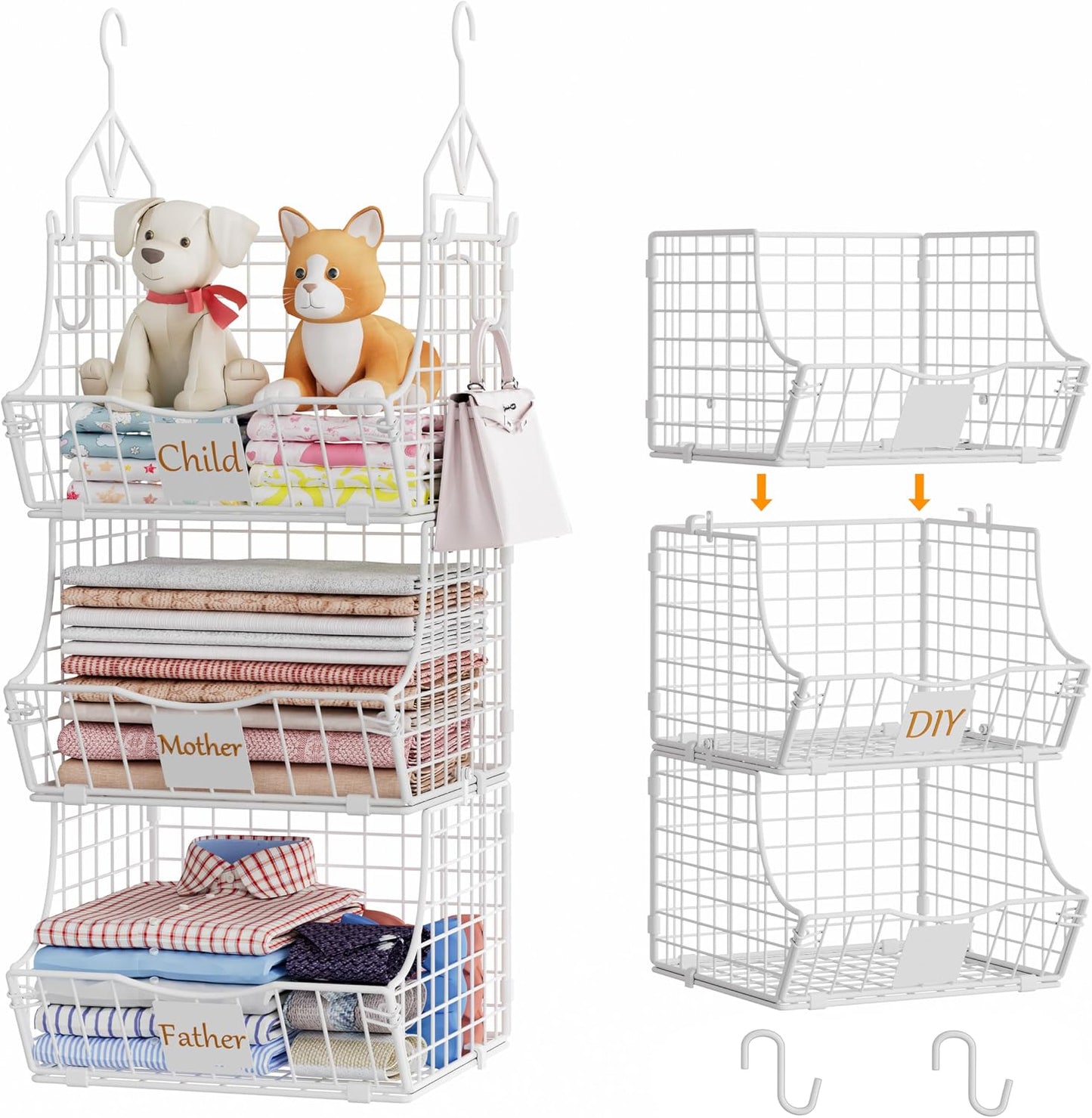 Hanging Closet Organizers and Storage, 3 Tier Closet Shelf Clothes Organizer with 2 S-Hooks, Multi-Functional Iron Wire Baskets, for Clothing, Sweaters, Handbags, Hat, Canned