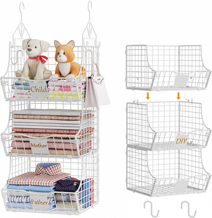 Hanging Closet Organizers and Storage, 3 Tier Closet Shelf Clothes Organizer with 2 S-Hooks, Multi-Functional Iron Wire Baskets, for Clothing, Sweaters, Handbags, Hat, Canned