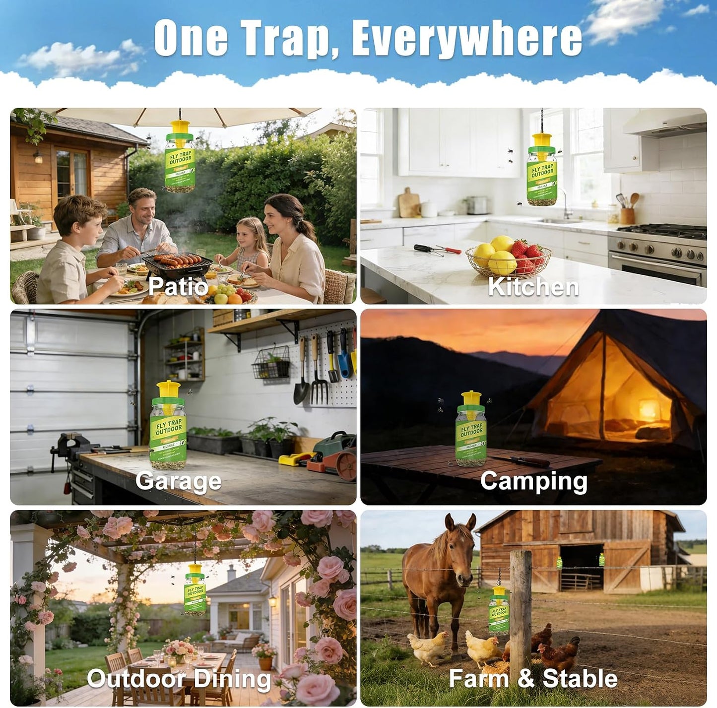 3 Pack Fly Traps Outdoor with 6 Natural Bait Refills | Reusable Hanging Fly Catcher for Patio, Garden, Orchard, Yard, Ranch and Horse Farm