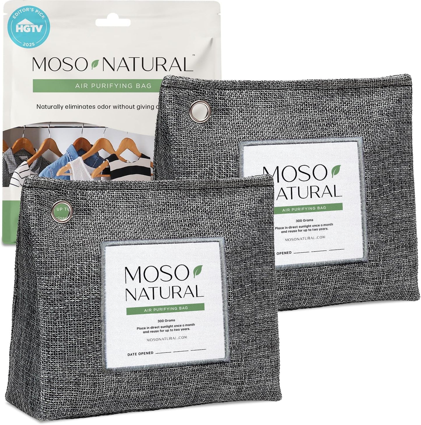 Moso Natural Air Purifying Bag 300g (2 Pack) Premium Charcoal Odor Absorber & Deodorizer for Closets, Bathrooms & Small Spaces — Lasts 2 Years, Pet Odor Eliminator for Home, Unscented Bamboo Charcoal