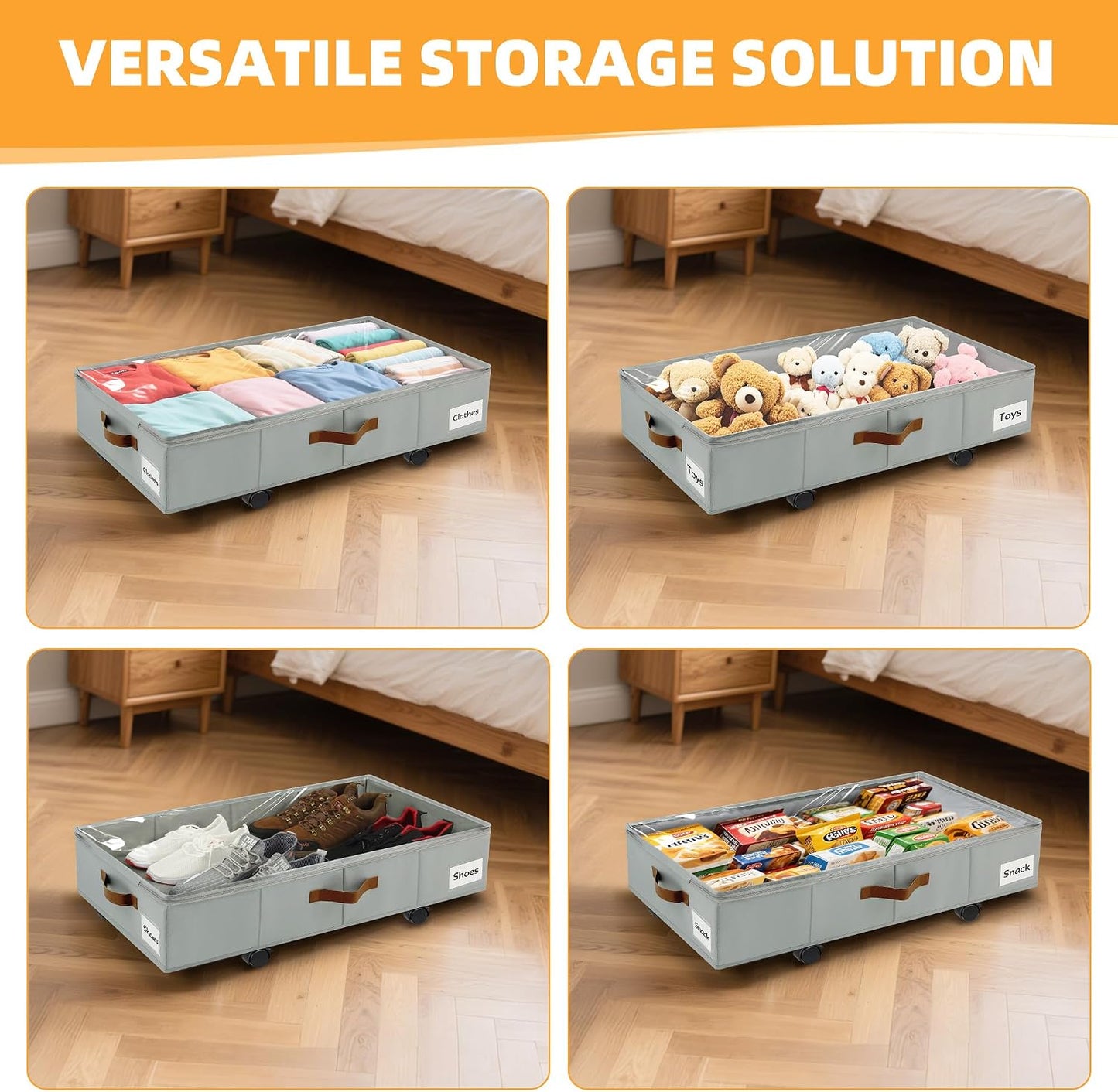 Under Bed Storage with Wheels,Underbed Storage with Sturdy Sidewalls/Bottom, Clear Cover, Label and PU Handle, Rolling Under Bed Drawers for Clothes, Shoes, 6.5 Inch Height,Black, 2 Pack