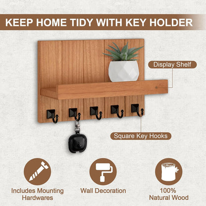Key Holder for Wall, Decorative Key Holder with Shelf, Key and Mail Holder Wall Mount, Farmhouse Decor with 5 Key Hooks for Keys, Coats, ect.