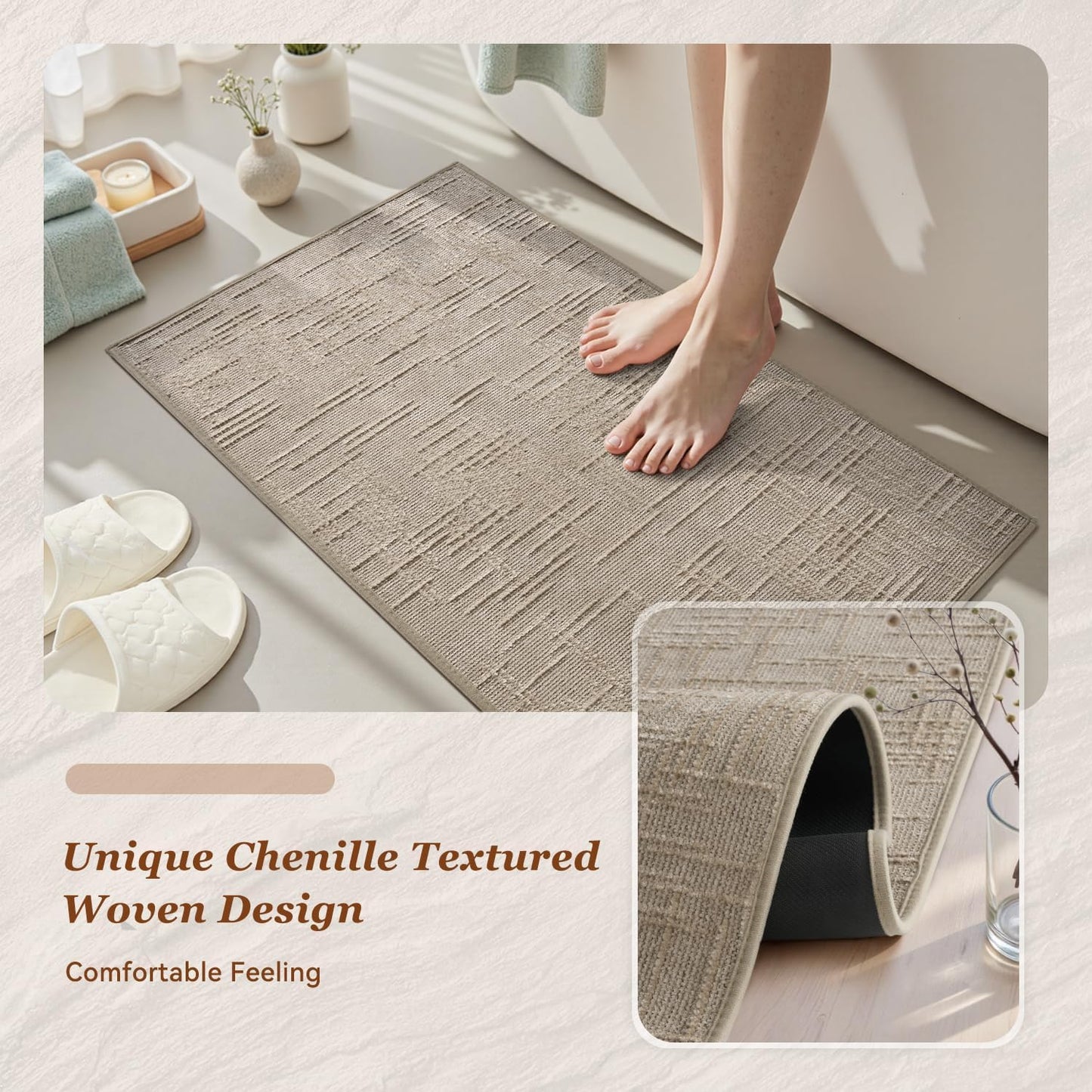 AMOAMI Bath Mat Non Slip Super Absorbent Quick Dry Bath Mats for Bathroom Floor Rubber Backing Washable Bathroom Rugs Modern Woven Jacquard Mat, Beside Tub Bath Rugs, 17" x 24", LightGrey