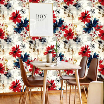 Red Watercolor Floral Peel and Stick Wallpaper Removable Self Adhesive Floral Wall Covering for Living Room Bedroom Accent Wall 17.7 x 70.8 in