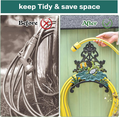 Sungmor Cast Iron Heavy Duty Garden Hose Holder - Decorative Hand-Painted Sunflower Wall Mounted Water Hose Hanger - Wall Decoration Hanging Hose Rack - Hose Reel Storage Butler - Metal Hose Stand