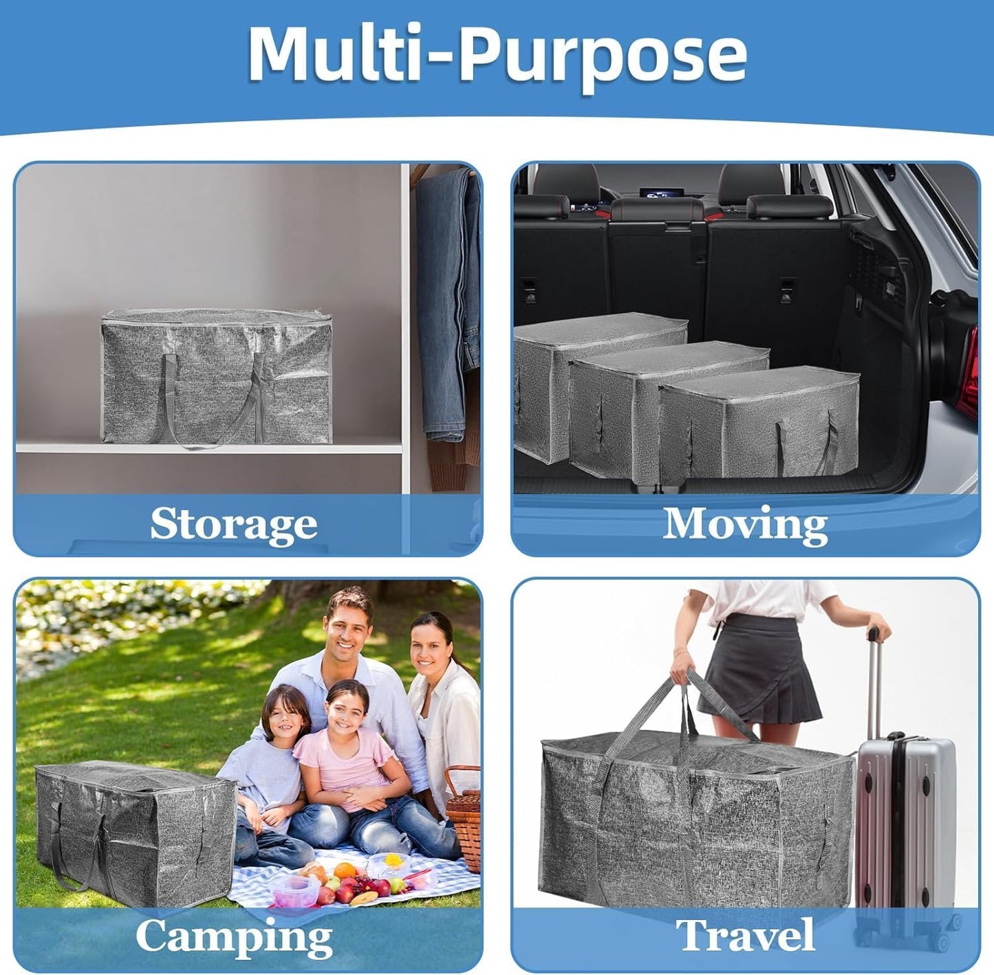 8 Pack-Extra Large Heavy Duty Moving Bags - Waterproof Storage Totes with Handles & Zippers, Foldable for College Dorm, Storage (Clear)