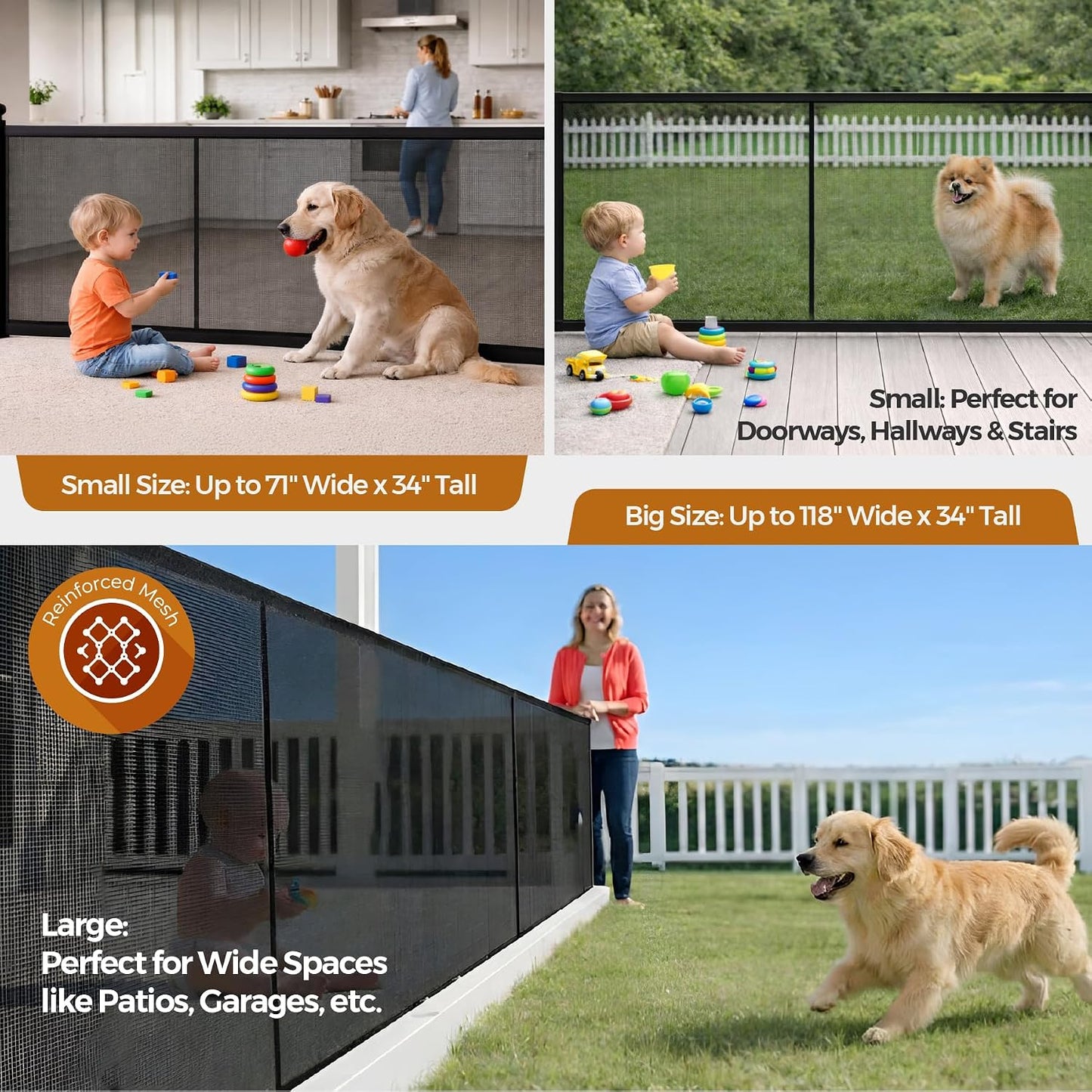 Retractable Baby Gate - 72" Wide Mesh Dog Gate with Support Rods - 34" Tall for Stairs, Doorways, Hallways - Drill or No-Drill - Pet & Cat Gate - Outdoor/Indoor (White, 5.91 Feet)