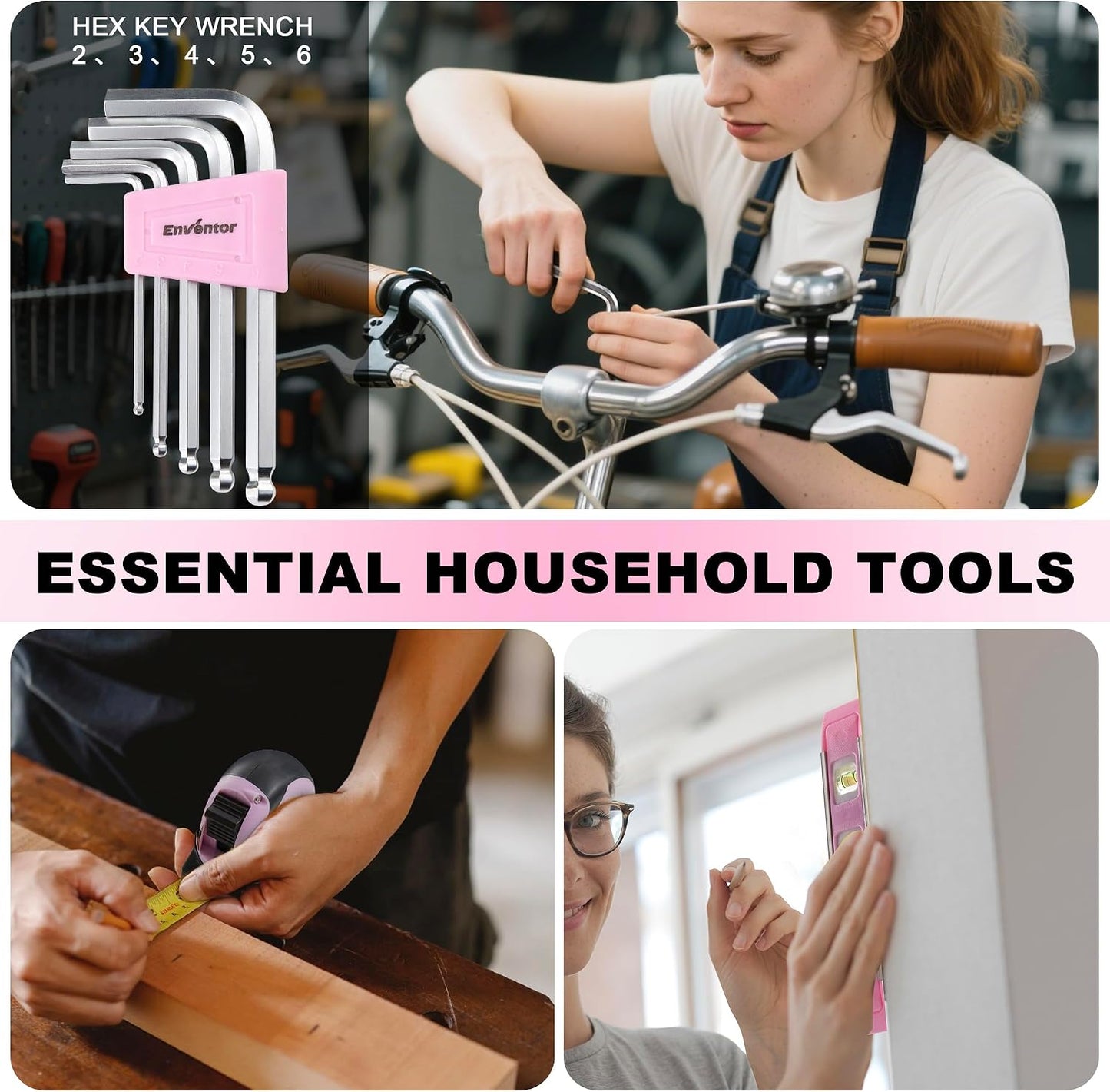 Enventor Pink Tool Kit Set for Women, 146PCS General Household Hand Tool Kit with Storage Toolbox, Ladies Small Basic Tool Kits for Home Maintenance, DIY Projects