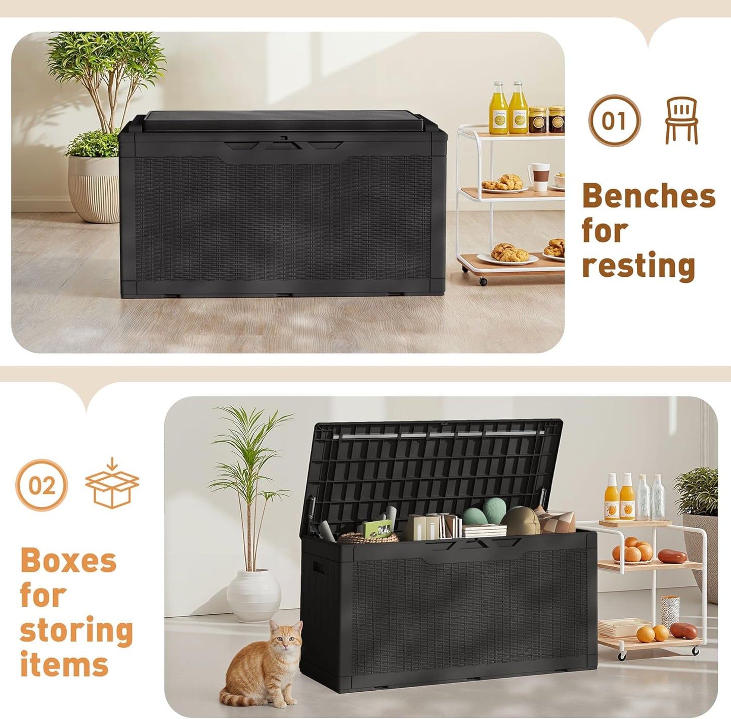 Greesum 120 Gallon Deck Box, Resin Outdoor Storage Container for Patio Furniture, Garden Tools, Pool Accessories, Weatherproof, Lockable, Black