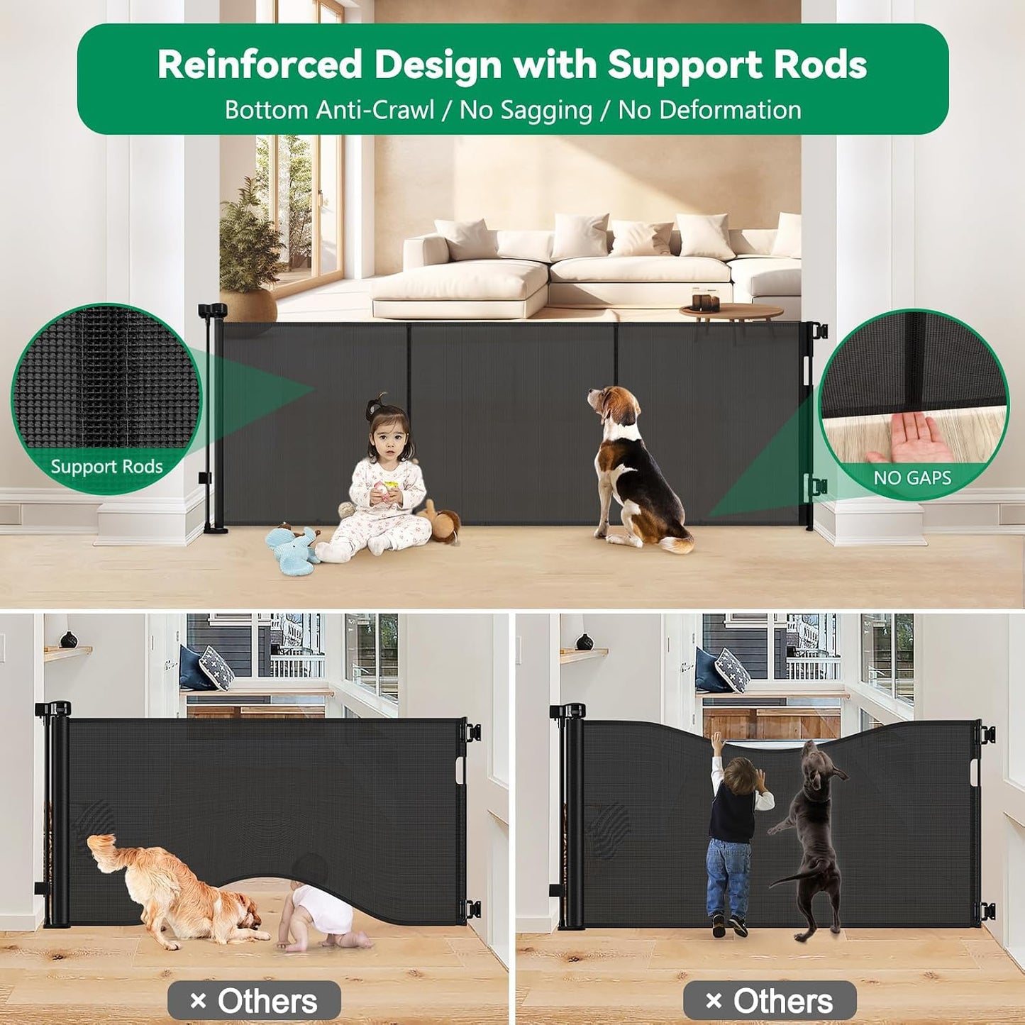 Reinforced 50" Wide Retractable Baby Gates for Doorways, Retractable Dog Gate for Stairs with Support Rods – Prevent Crawling Under, Outdoor Indoor Mesh Baby Gate Retractable Gates for Dogs, White