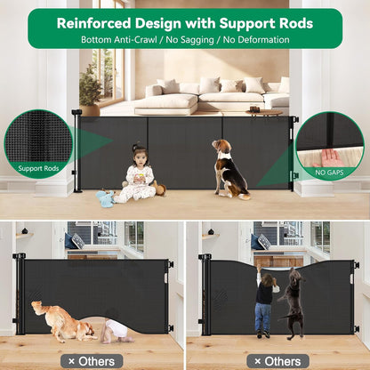 Reinforced 50" Wide Retractable Baby Gates for Doorways, Retractable Dog Gate for Stairs with Support Rods – Prevent Crawling Under, Outdoor Indoor Mesh Baby Gate Retractable Gates for Dogs, White